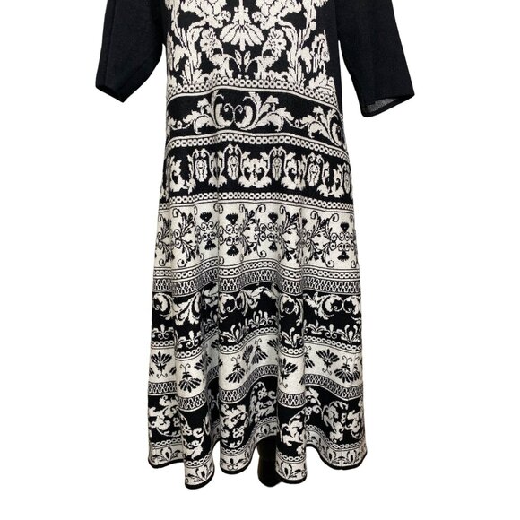 Black & White Floral Print‎ 3/4 Sleeve Knit Dress With A-Line Silhouette - Picture 5 of 11